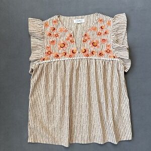 THML Top Womens Small Beige Floral Embroidered Flutter Sleeve Babydoll Popover